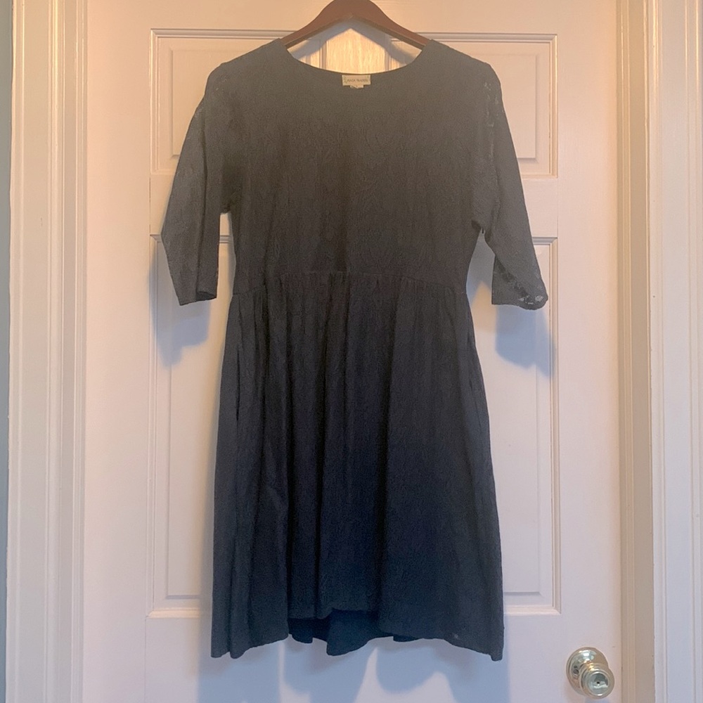 Dark Navy Lacey Knee-length Dress with Pockets from Mata Traders